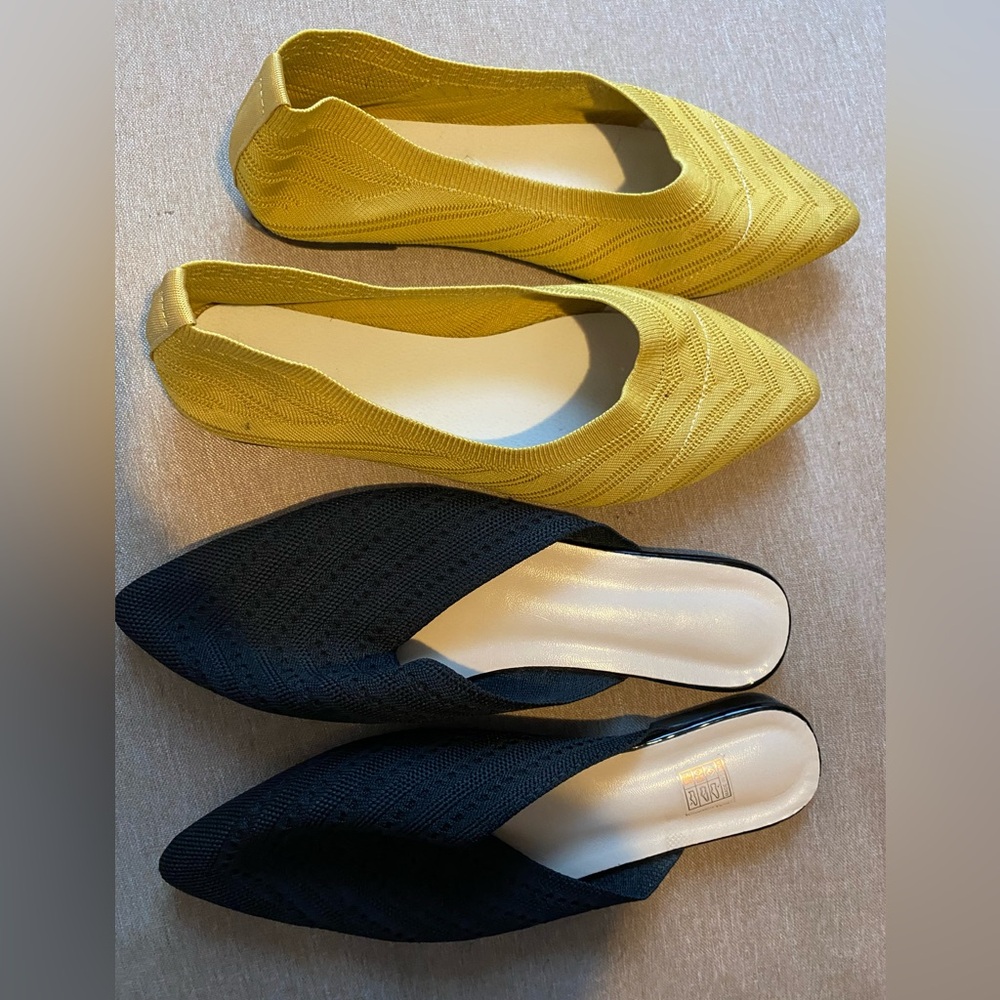 2 Pairs. Golden and black pointy flats
